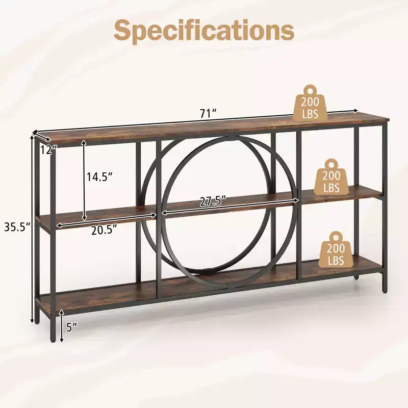 Brown & White Industrial Console Table with 3-Tier Open Shelves, 1-Person Assembly