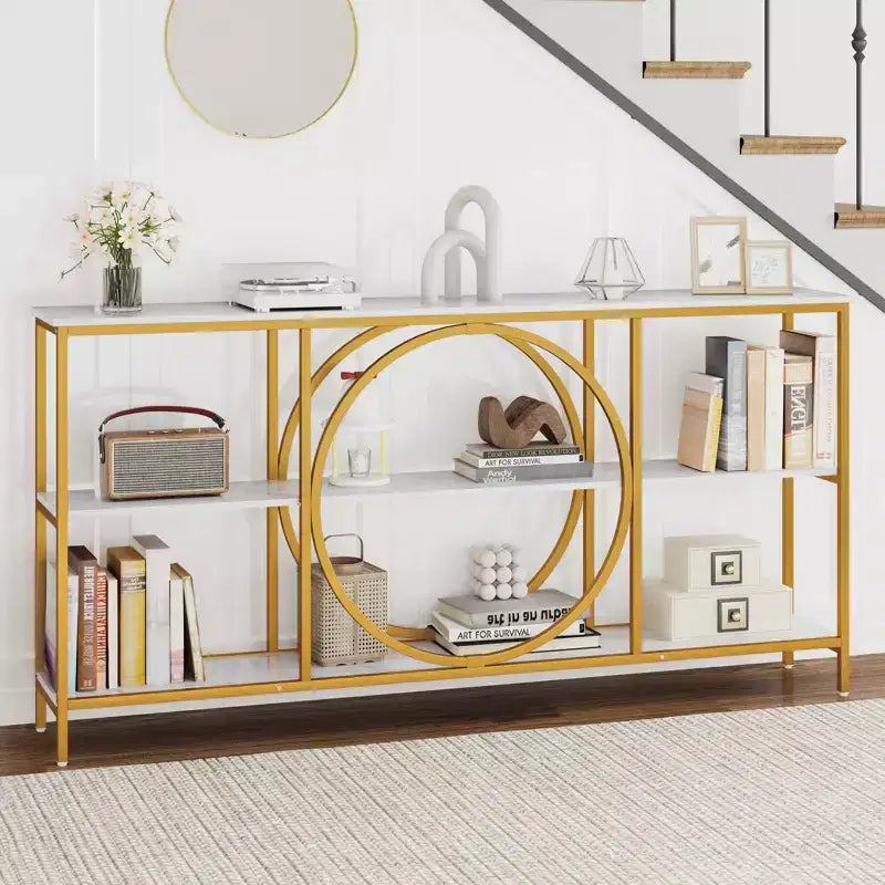 Brown & White Industrial Console Table with 3-Tier Open Shelves, 1-Person Assembly