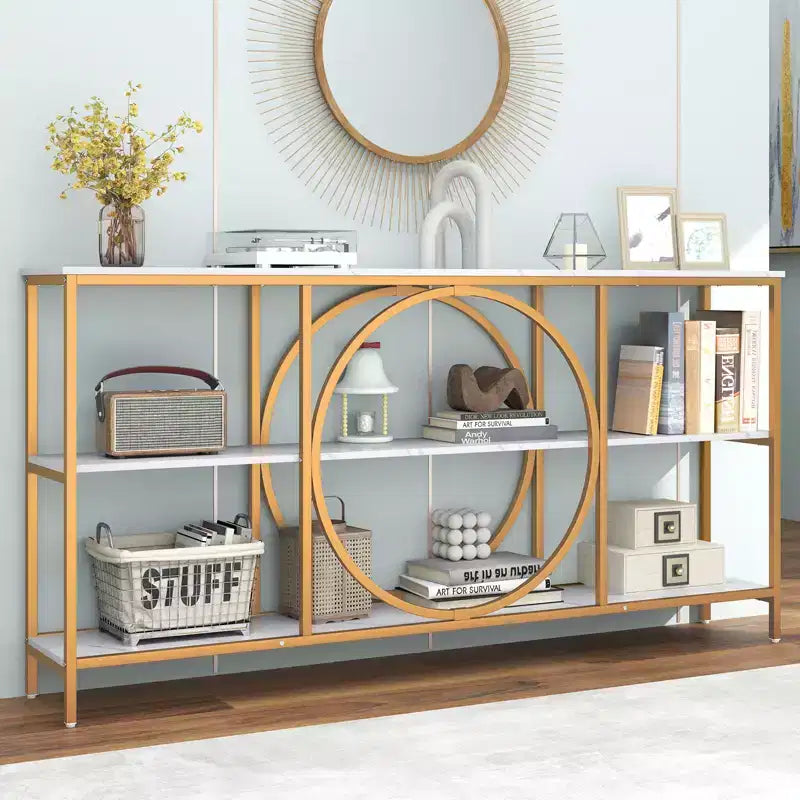 Brown & White Industrial Console Table with 3-Tier Open Shelves, 1-Person Assembly