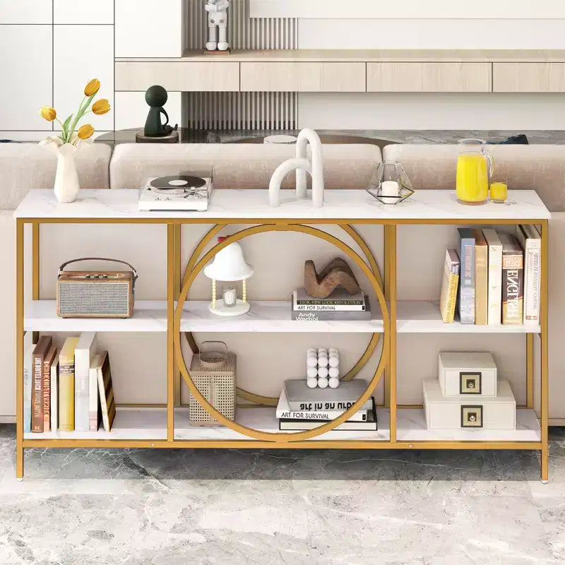 Brown & White Industrial Console Table with 3-Tier Open Shelves, 1-Person Assembly