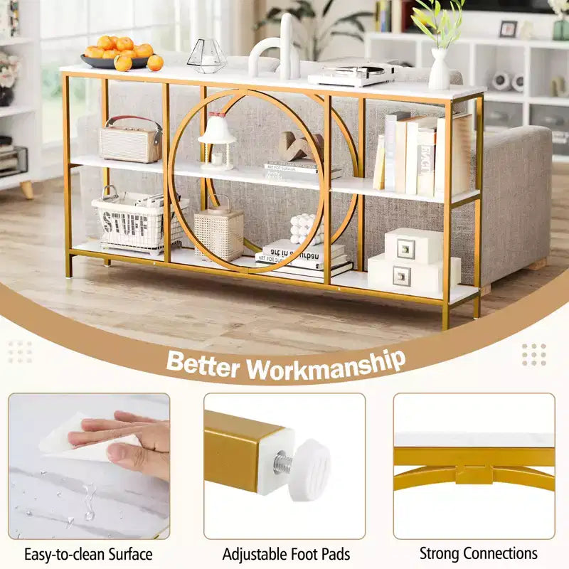 Brown & White Industrial Console Table with 3-Tier Open Shelves, 1-Person Assembly