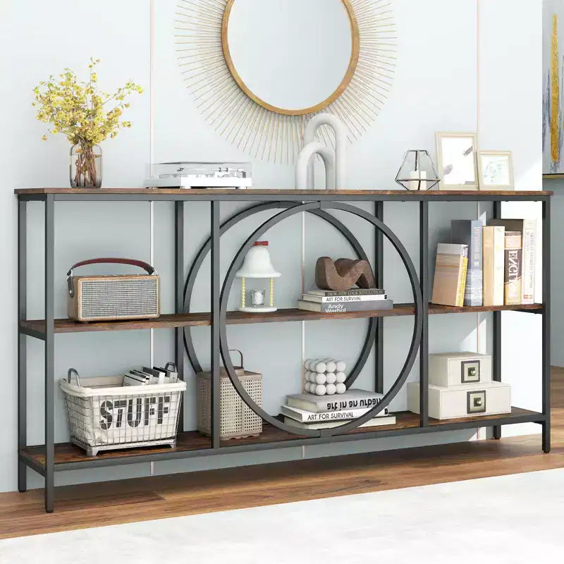 Brown & White Industrial Console Table with 3-Tier Open Shelves, 1-Person Assembly