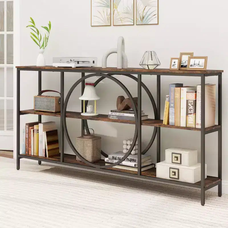 Brown & White Industrial Console Table with 3-Tier Open Shelves, 1-Person Assembly