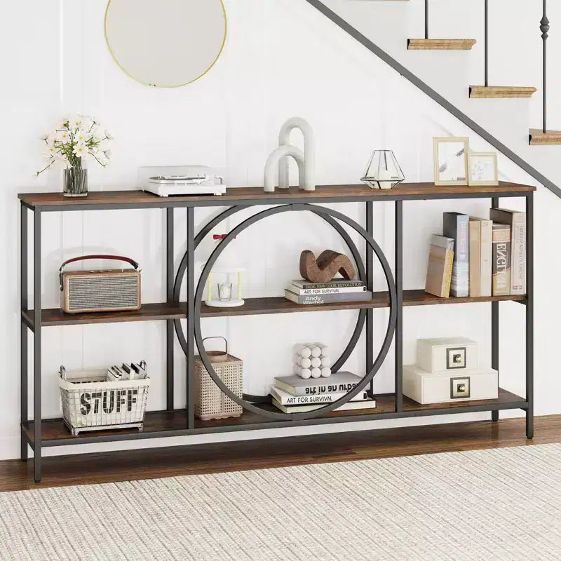 Brown & White Industrial Console Table with 3-Tier Open Shelves, 1-Person Assembly