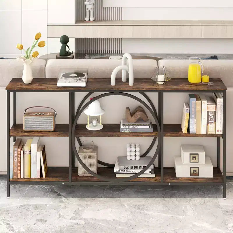 Brown & White Industrial Console Table with 3-Tier Open Shelves, 1-Person Assembly