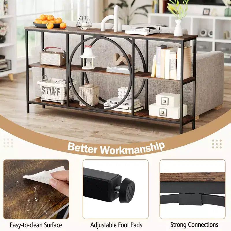 Brown & White Industrial Console Table with 3-Tier Open Shelves, 1-Person Assembly