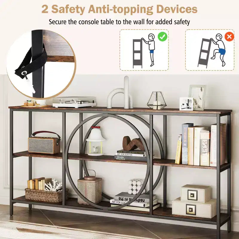 Brown & White Industrial Console Table with 3-Tier Open Shelves, 1-Person Assembly