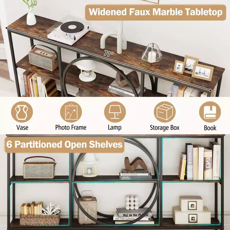 Brown & White Industrial Console Table with 3-Tier Open Shelves, 1-Person Assembly