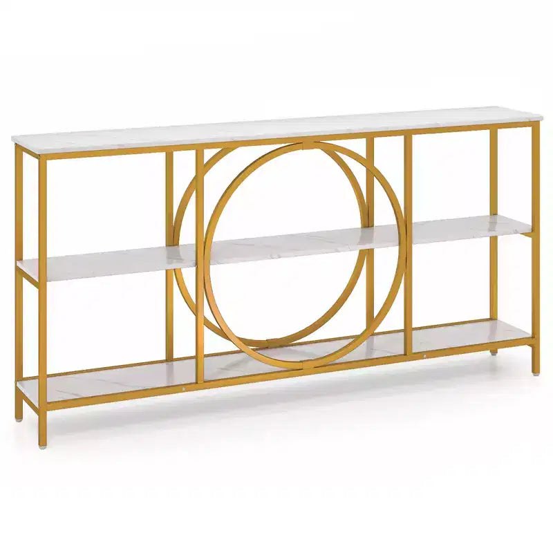 Brown & White Industrial Console Table with 3-Tier Open Shelves, 1-Person Assembly