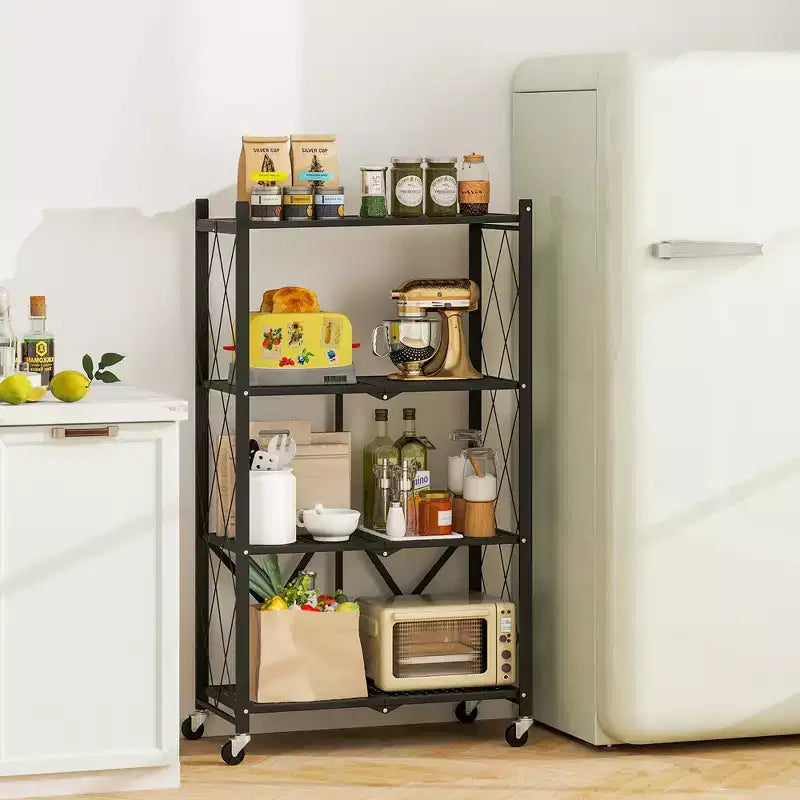 Black 4-Tier Foldable Metal Storage Rack with Wheels