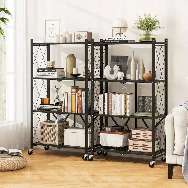Black 4-Tier Foldable Metal Storage Rack with Wheels