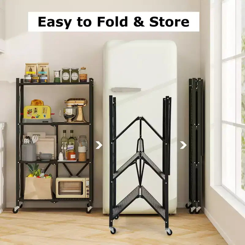 Black 4-Tier Foldable Metal Storage Rack with Wheels