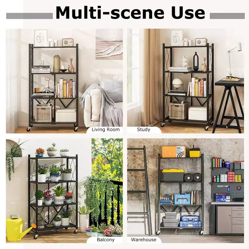 Black 4-Tier Foldable Metal Storage Rack with Wheels