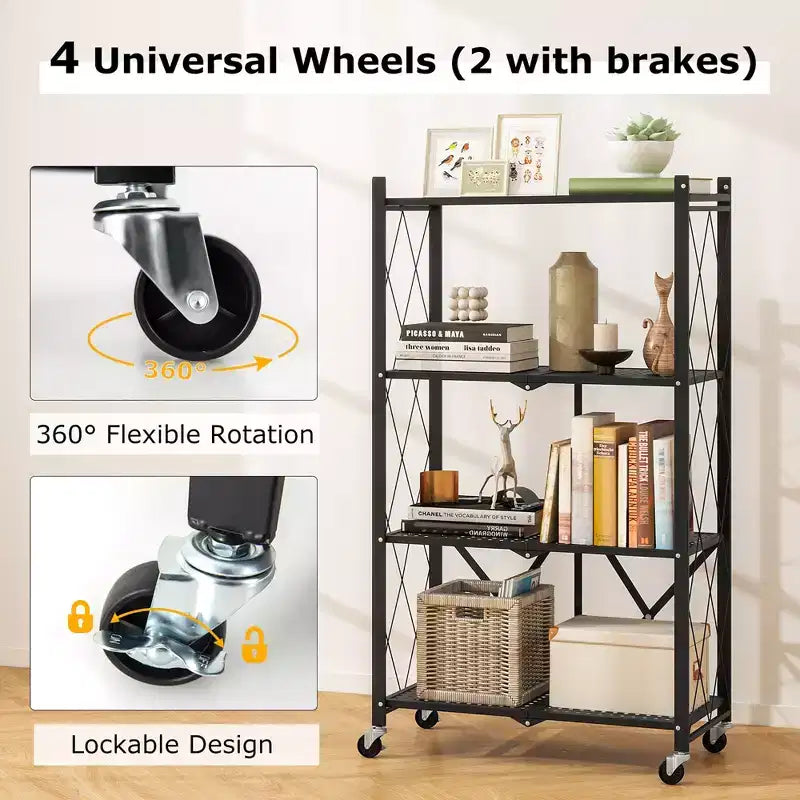 Black 4-Tier Foldable Metal Storage Rack with Wheels