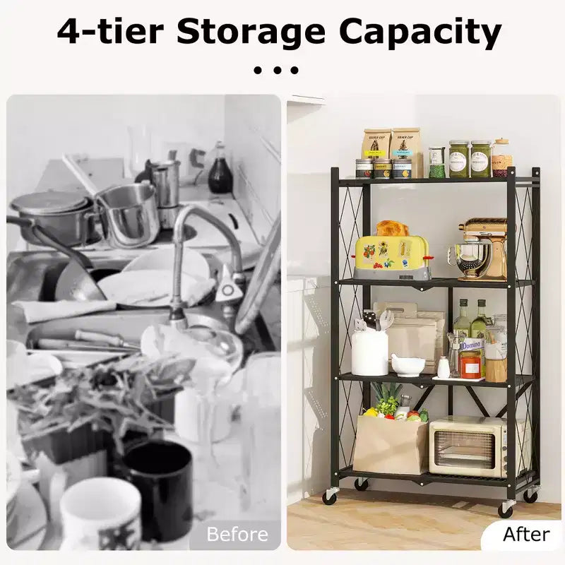 Black 4-Tier Foldable Metal Storage Rack with Wheels