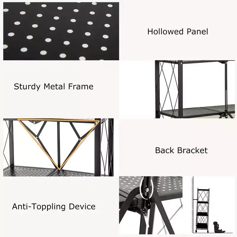 Black 4-Tier Foldable Metal Storage Rack with Wheels