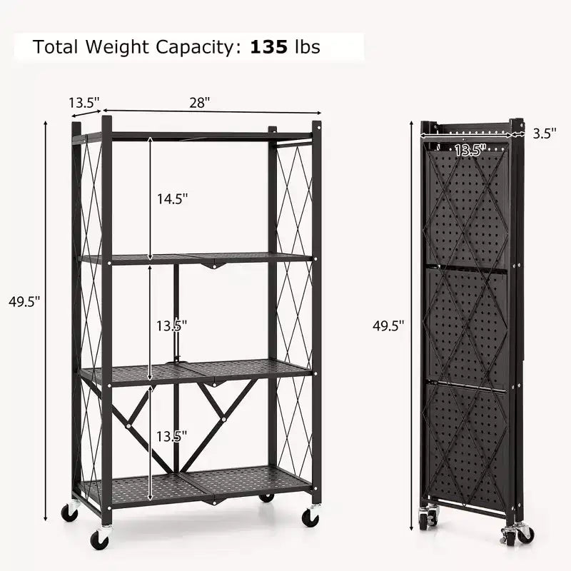 Black 4-Tier Foldable Metal Storage Rack with Wheels