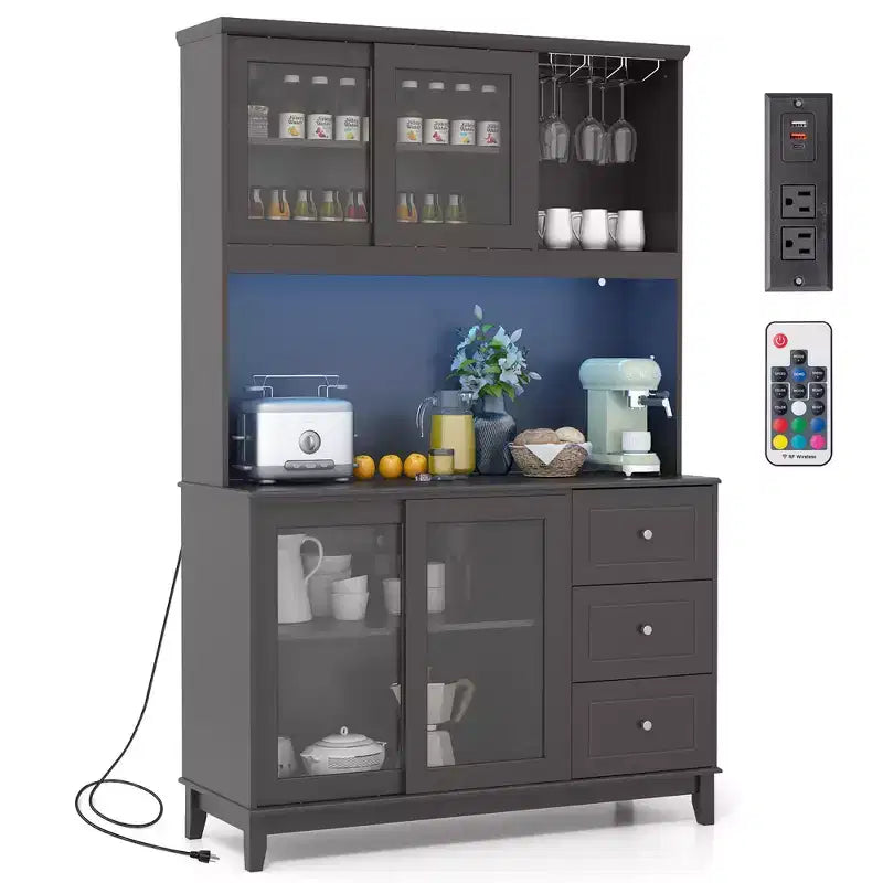Costway Kitchen Pantry Storage Cabinet Kitchen Hutch w/ LED lights & Power Outlet Dark Brown