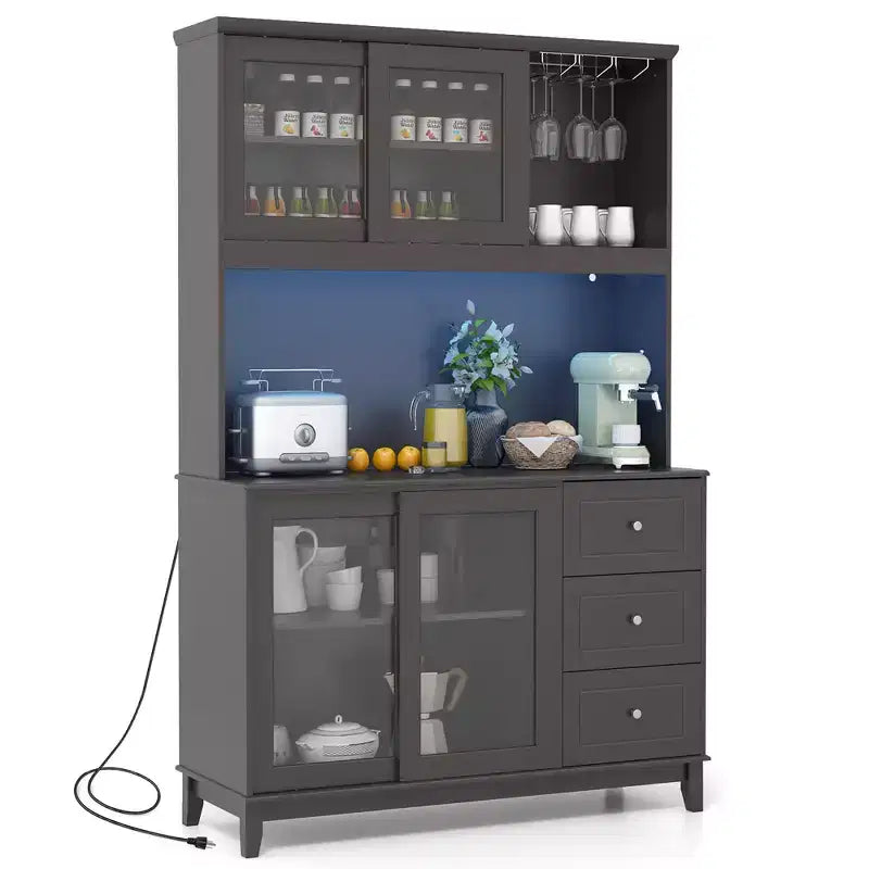 Dark Gray Kitchen Pantry Cabinet with LED Lights & Power Outlet, Glass Doors, 3 Drawers, 1-Person Assembly
