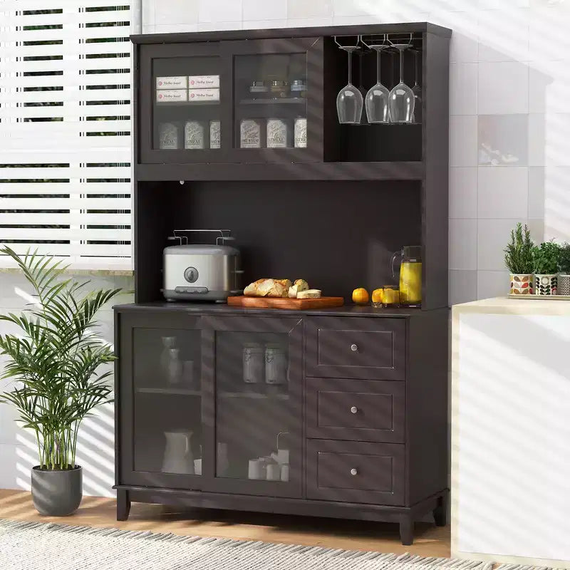 Dark Gray Kitchen Pantry Cabinet with LED Lights & Power Outlet, Glass Doors, 3 Drawers, 1-Person Assembly