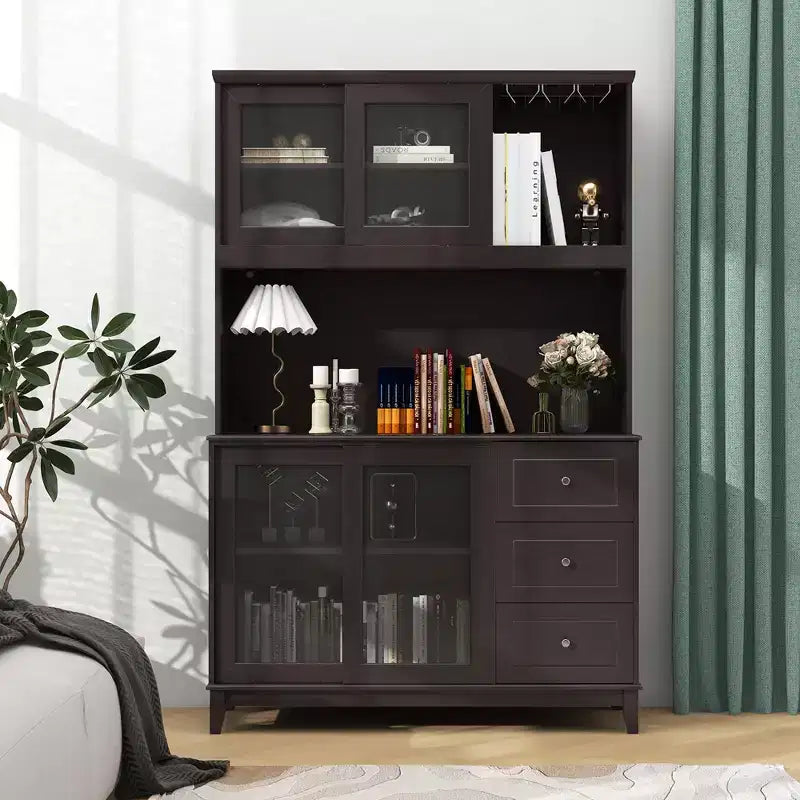 Dark Gray Kitchen Pantry Cabinet with LED Lights & Power Outlet, Glass Doors, 3 Drawers, 1-Person Assembly