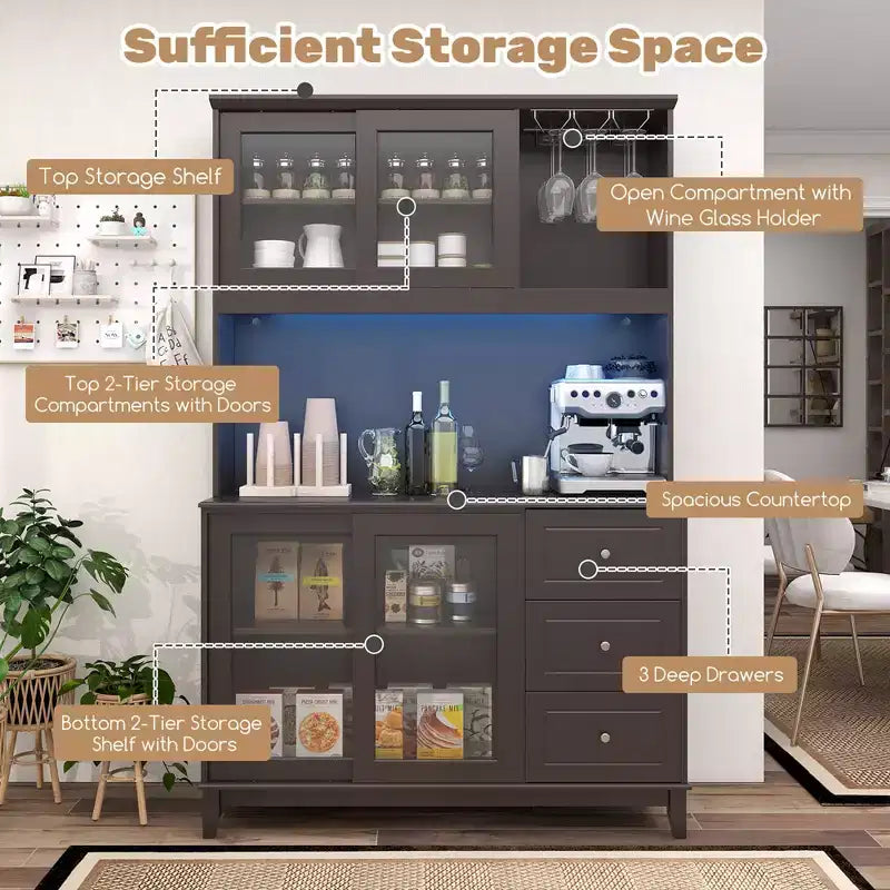 Dark Gray Kitchen Pantry Cabinet with LED Lights & Power Outlet, Glass Doors, 3 Drawers, 1-Person Assembly