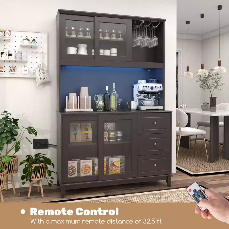 Dark Gray Kitchen Pantry Cabinet with LED Lights & Power Outlet, Glass Doors, 3 Drawers, 1-Person Assembly