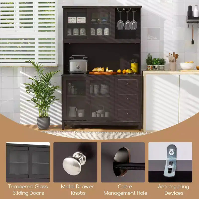 Dark Gray Kitchen Pantry Cabinet with LED Lights & Power Outlet, Glass Doors, 3 Drawers, 1-Person Assembly