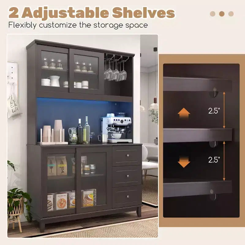Dark Gray Kitchen Pantry Cabinet with LED Lights & Power Outlet, Glass Doors, 3 Drawers, 1-Person Assembly