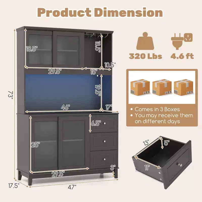 Dark Gray Kitchen Pantry Cabinet with LED Lights & Power Outlet, Glass Doors, 3 Drawers, 1-Person Assembly