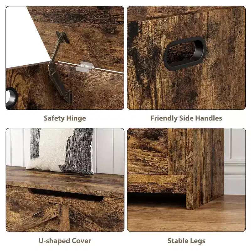 Wooden Storage Bench with Safety Hinges, Large Shoe Bench for Entryway, Living Room, and Bedroom