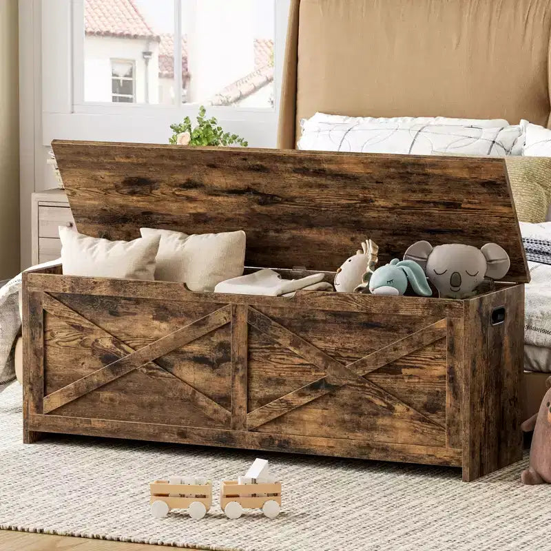 Wooden Storage Bench with Safety Hinges, Large Shoe Bench for Entryway, Living Room, and Bedroom