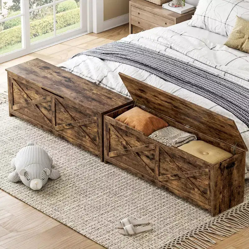Wooden Storage Bench with Safety Hinges, Large Shoe Bench for Entryway, Living Room, and Bedroom