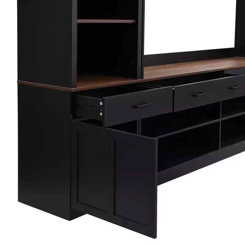 70" TV Entertainment Wall Unit with Bridge, Mid-Century Media Console with Bookshelf