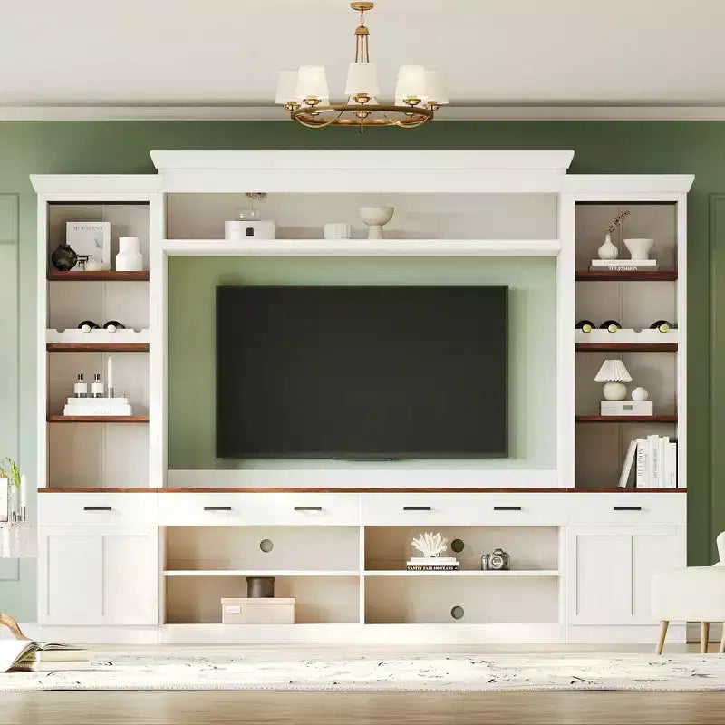 70" TV Entertainment Wall Unit with Bridge, Mid-Century Media Console with Bookshelf