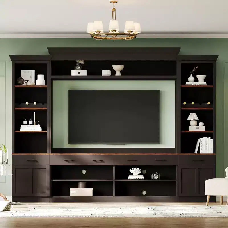 70" TV Entertainment Wall Unit with Bridge, Mid-Century Media Console with Bookshelf