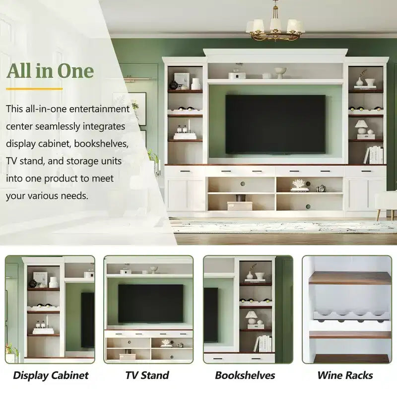 70" TV Entertainment Wall Unit with Bridge, Mid-Century Media Console with Bookshelf
