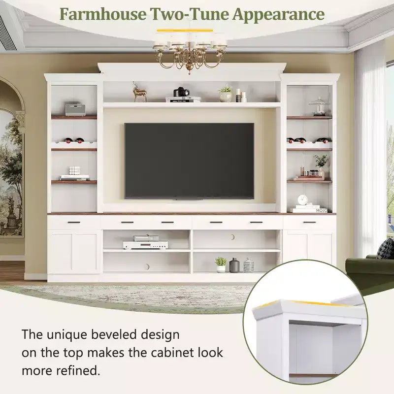 70" TV Entertainment Wall Unit with Bridge, Mid-Century Media Console with Bookshelf