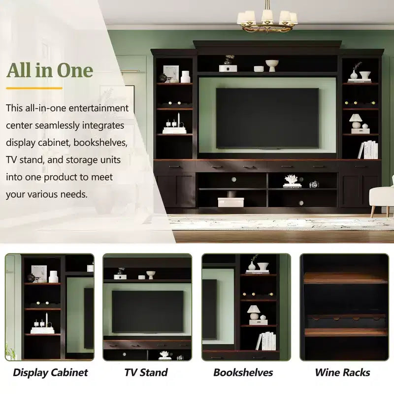 70" TV Entertainment Wall Unit with Bridge, Mid-Century Media Console with Bookshelf