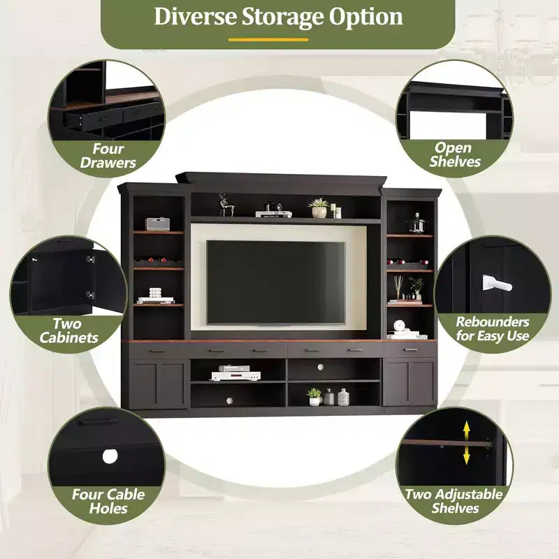 70" TV Entertainment Wall Unit with Bridge, Mid-Century Media Console with Bookshelf