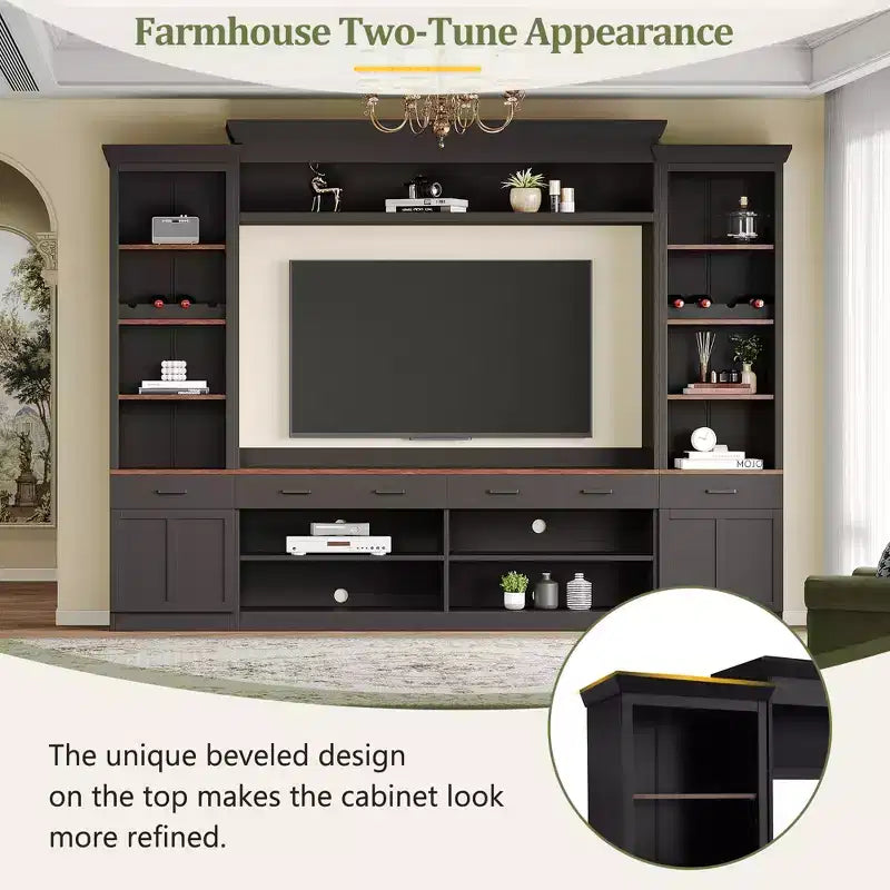 70" TV Entertainment Wall Unit with Bridge, Mid-Century Media Console with Bookshelf