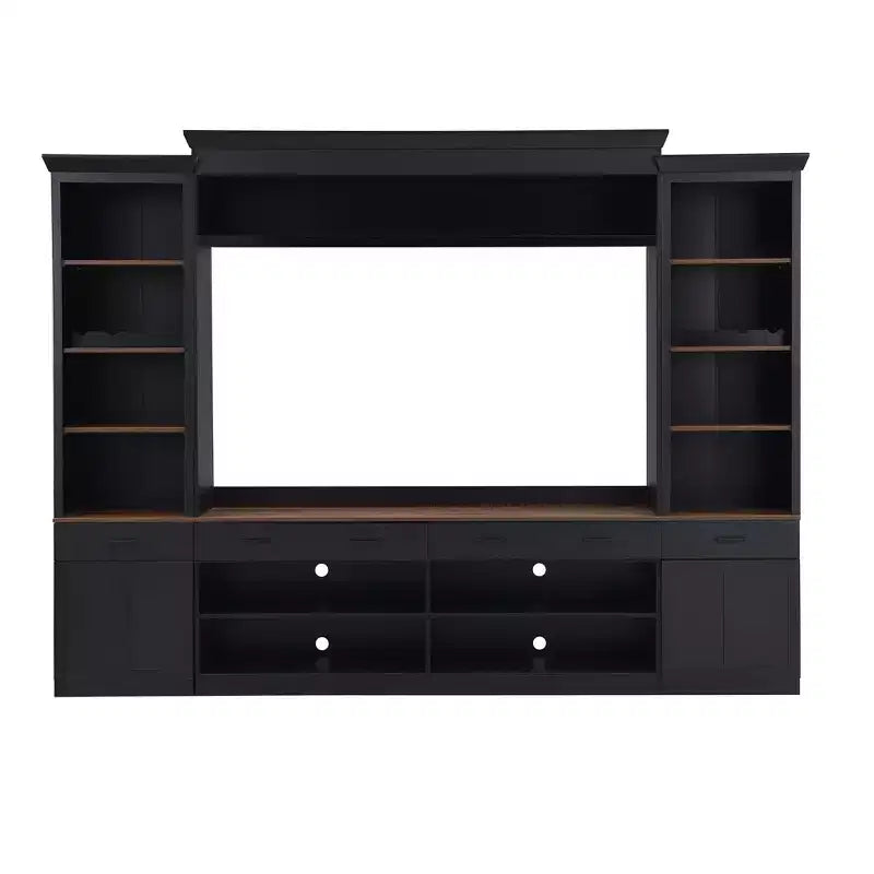 70" TV Entertainment Wall Unit with Bridge, Mid-Century Media Console with Bookshelf