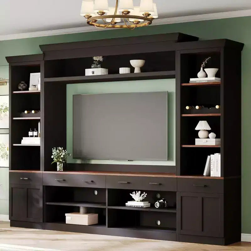 Entertainment Wall Unit with Bridge for 70 inch TV, Mid-Century Large Media Console with Bookshelf and Adjustable Shelves