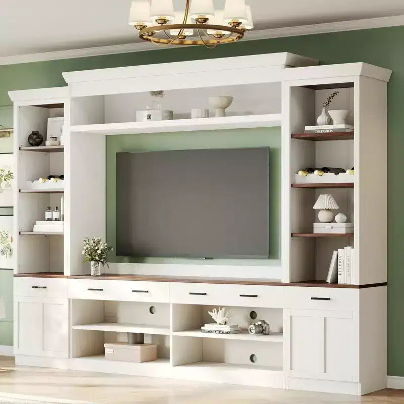 70" TV Entertainment Wall Unit with Bridge, Mid-Century Media Console with Bookshelf