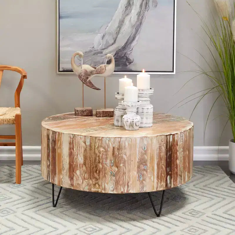 Round Mango Wood Coffee Table, Brown & Whitewash, Black Iron Legs