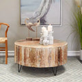 Round Mango Wood Coffee Table, Brown & Whitewash, Black Iron Legs