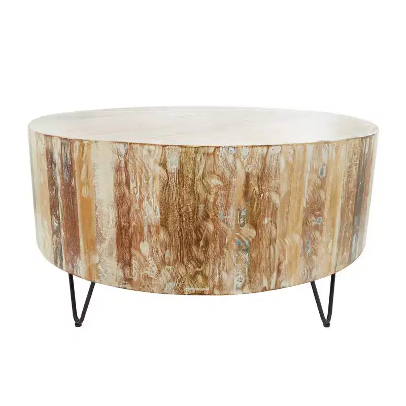 Round Mango Wood Coffee Table, Brown & Whitewash, Black Iron Legs