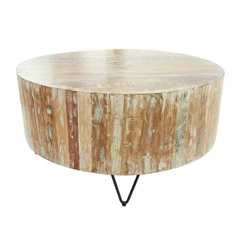 Round Mango Wood Coffee Table, Brown & Whitewash, Black Iron Legs