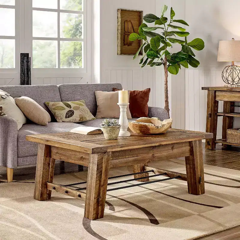 Industrial Wood Coffee Table Dark Brown: Rustic Acacia & Steel, Fixed Shelf