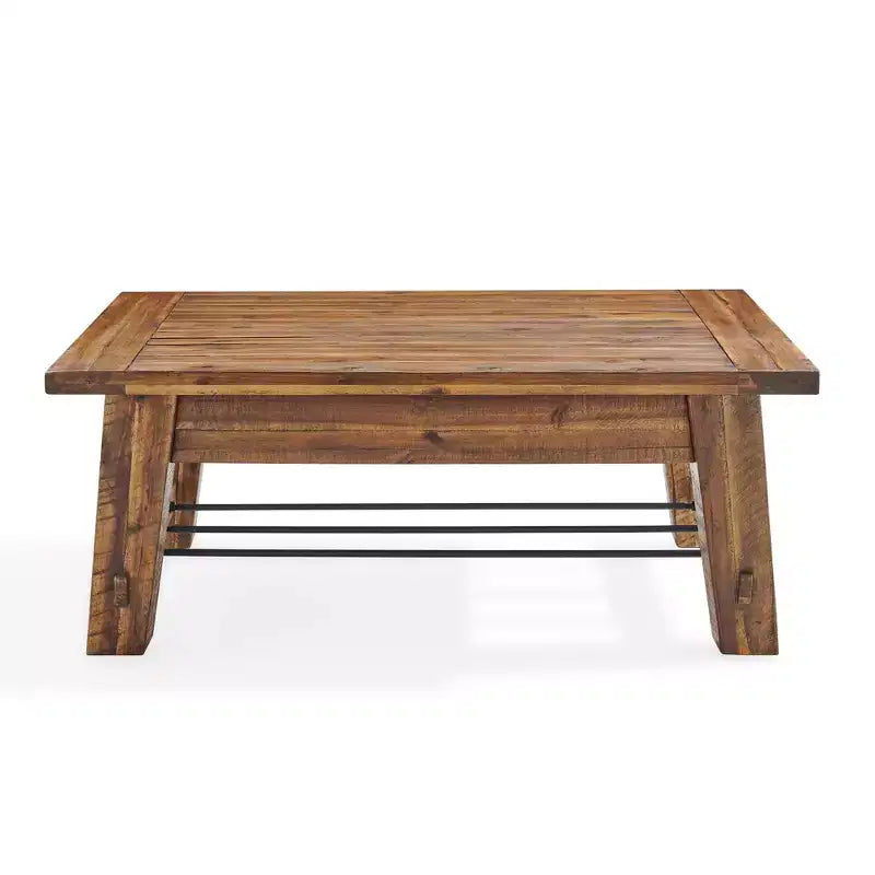 Industrial Wood Coffee Table Dark Brown: Rustic Acacia & Steel, Fixed Shelf